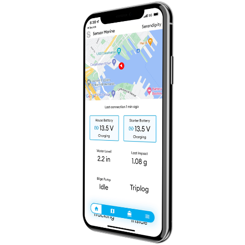 Sensar Marine app showing boat status on a customer's phone