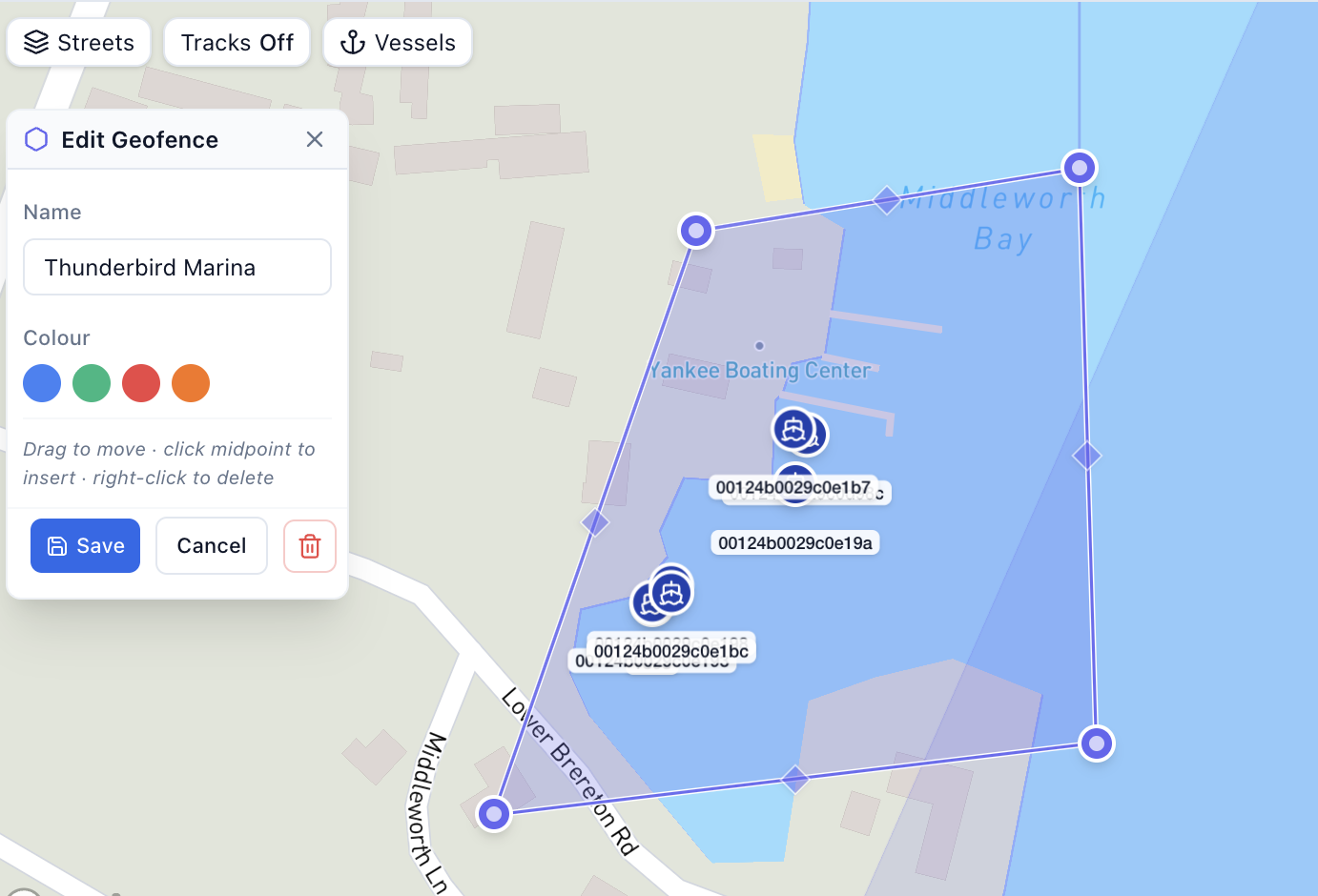 Custom geofence drawn around a boat dealer dock